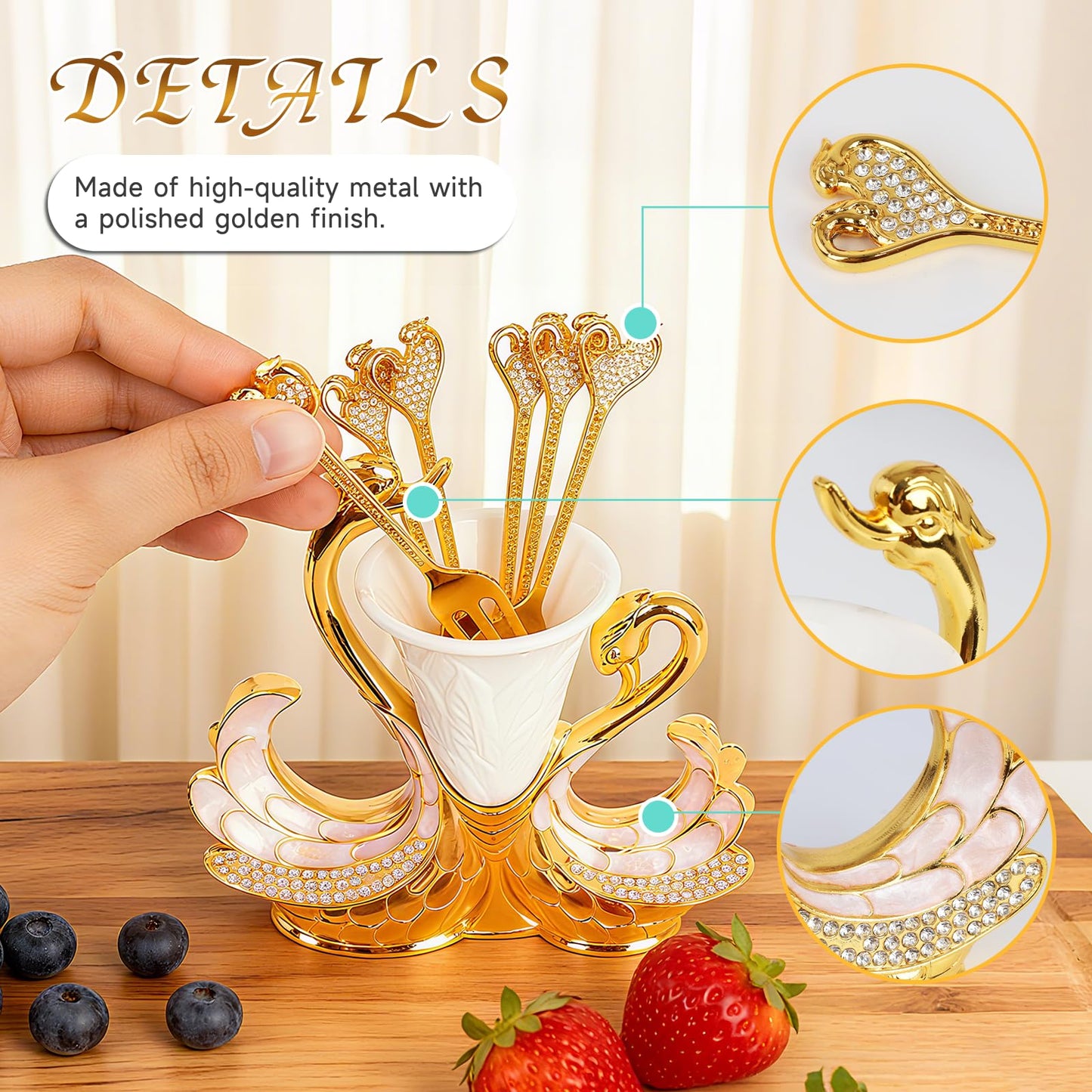 Gold Dessert Forks, Swan Base With 6 Pcs Mini Forks Set,4.5" Charcuterie Forks- Very Suitable for Dessert Shops or Family Use