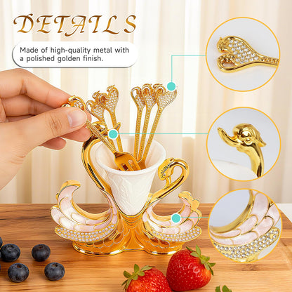 Gold Dessert Forks, Swan Base With 6 Pcs Mini Forks Set,4.5" Charcuterie Forks- Very Suitable for Dessert Shops or Family Use