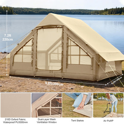 Inflatable Tents for Camping, 4-6 Person Easy Blow Up Tent with Hand Pump,4 Seasons Waterproof Air Inflatable Camping Tent House for Family Weekend Camping，Beige