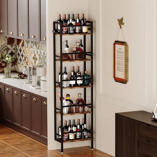 Homeiju 5-Tier Freestanding Wine Rack, 60 Bottles Wine Racks for Wall Mounted, Wines Bottle Holder Display Shelf with Fences, Liquor Storage for Kitchen, Dining Room, Bar (Rustic Brown)