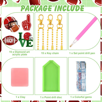 Yinkin 15 Pcs Football Diamond Art Keychains 5d Diamond Painting Keychain Football Party Decoration DIY Ornaments Pendant Kits for Adult
