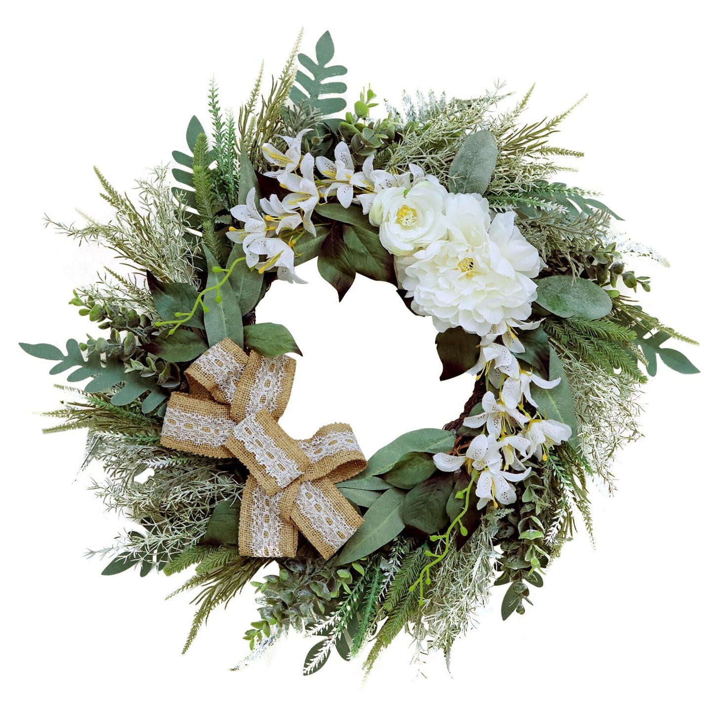 Petalivebioom 22 Inch Lace Bow Eucalyptus Front Door Wreath, Artificial Elegant Greenery Wreath, Weather Resistant Farmhouse Outdoor Indoor Porch Wall Wedding Home Decor