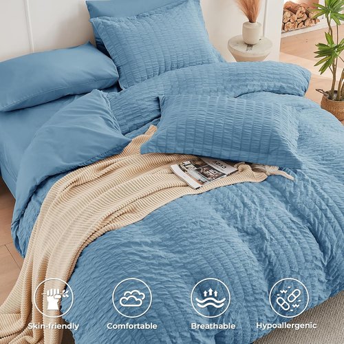 HYMOKEGE Queen Comforter Set - 7-Piece Mineral Blue Seersucker Luxury Bedding | All-Season Bed in a Bag