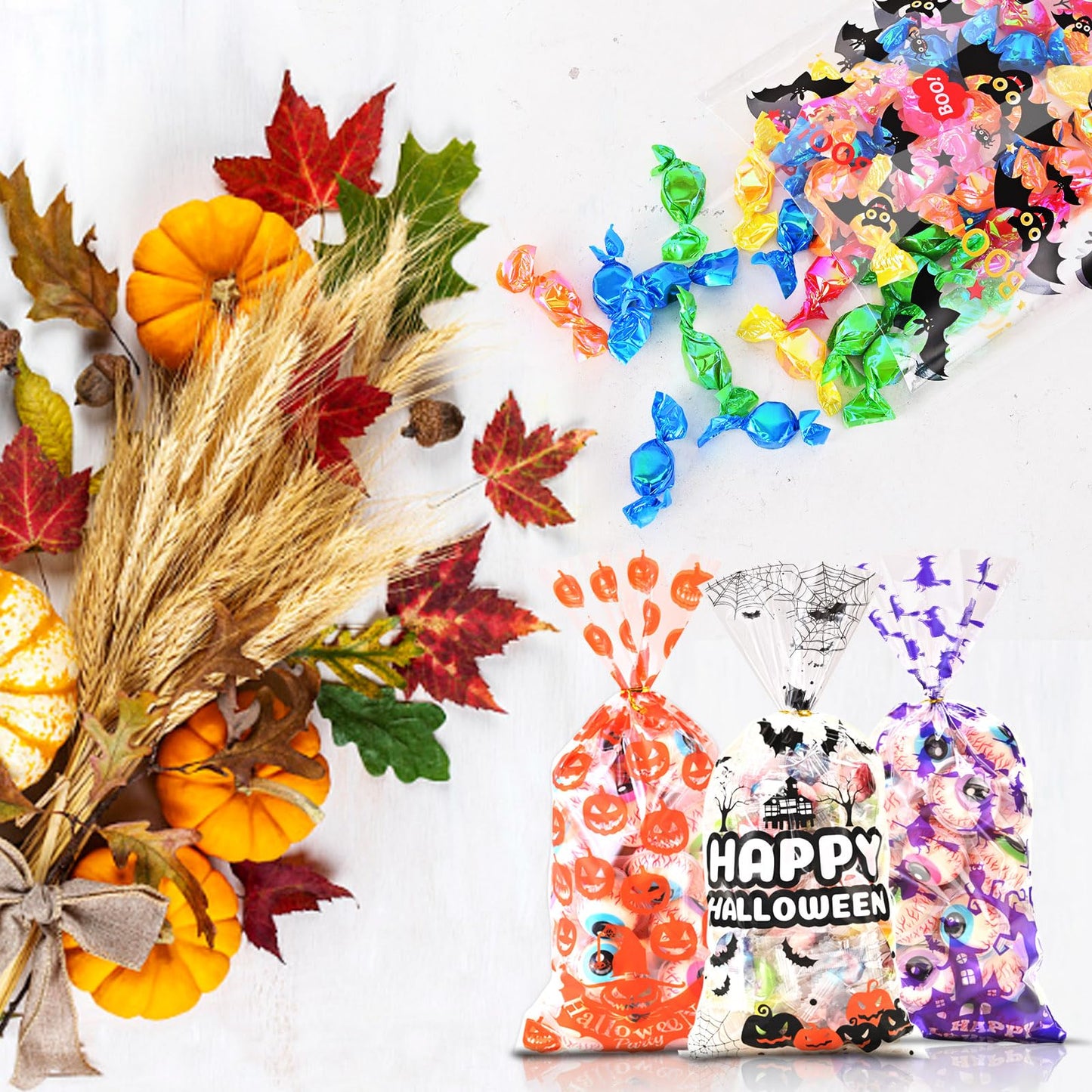 AhfuLife 200PCS Halloween Cellophane Treat Bags, 8 Designs Halloween Clear Candy Bags with Twist Ties for Treat or Treating, Snack Goodie Bags for Party Supplies Favors