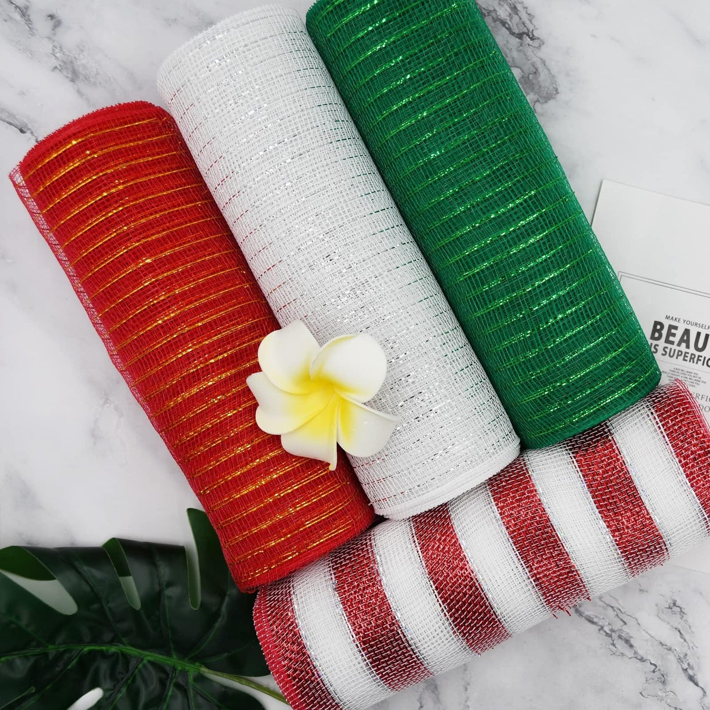 NBHH Christmas Mesh Ribbon Deco -Red, Green, White,Border Striped Deco Mesh Wire Ribbon Metallic Foil Rolls for DIY Christmas Wreaths Decorations Wrapping Craft, 4 Rolls(10 inch Wide)