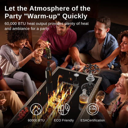 EAST OAK 57" Gas Fire Pit Table, 60,000 BTU Propane Fire Pit w/Large Tempered Glass Desktop, CSA Certified Outdoor Patio Fire Table with 9.2lb Glass Stone & Removable Lid, Chocolaty Coffee