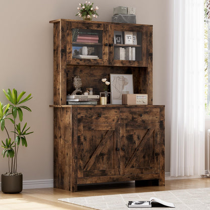 63" Tall Farmhouse Kitchen Pantry Cabinet with Microwave Stand, Freestanding Pantry Hutch Cabinet with Adjustable Shelves, Drawers & Countertop, Buffet Cupboard for Dining&Living Room Storage, Retro