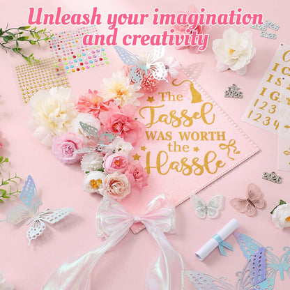 Dunzoom Pink 80 Pcs DIY Graduation Cap Decorations Kit Faux Flower Heads 3D Butterfly Stickers Bow Pearl Rhinestone Stickers Glitter Paper and Ribbon Bows for 2026 Grad Cap Topper Graduation Party