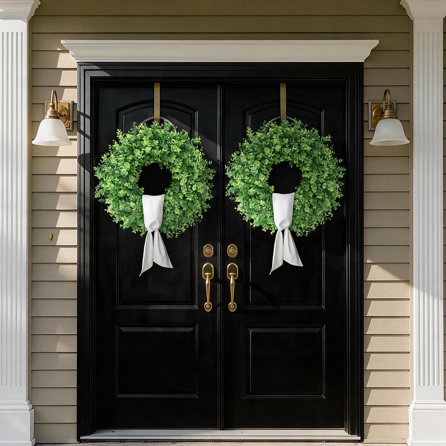 26" Artificial Eucalyptus Wreath with Sash for Front Door, Porch, Window - Large Faux Eucalyptus Leaves Greenery Outdoor Wreath for Home, Farmhouse Decor - Spring, Summer, All Seasons (Green)
