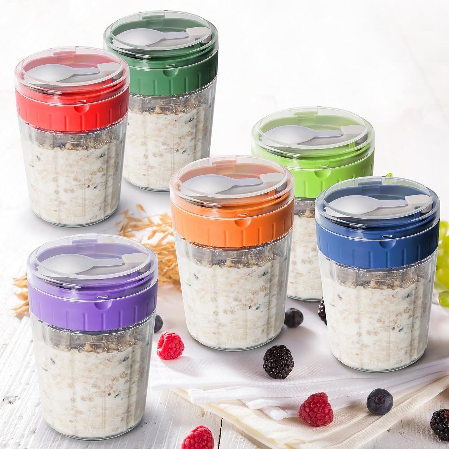 Large Overnight Oats Containers to Go, 4 Pack Glass Meal Prep Jars, 2 Cups Wide Mouth Airtight Storage