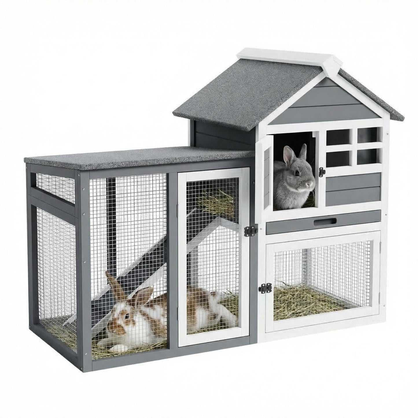 GarveeTech 2-Story Rabbit Hutch Outdoor, 45" Bunny Hutch, Small Chicken Coop Wooden with Pull-Out Tray & Ramp, Bunny Cage with Waterproof Roof, Poultry Cage for Bunnies, Chickens, Ducks, Guinea Pigs