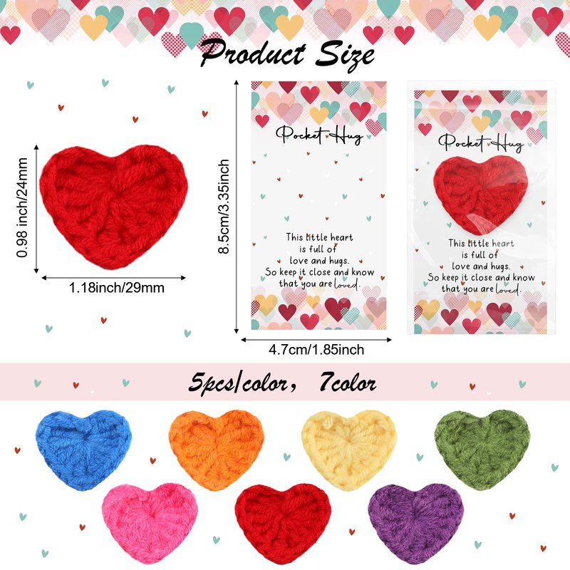 Mindsoft 35 Sets Emotional Cheer Support Gift Bulk Cute Hand Crocheted Pocket Hug Heart Inspirational Cards and Bags Party Favor for Preschool Toddler Boy Girls