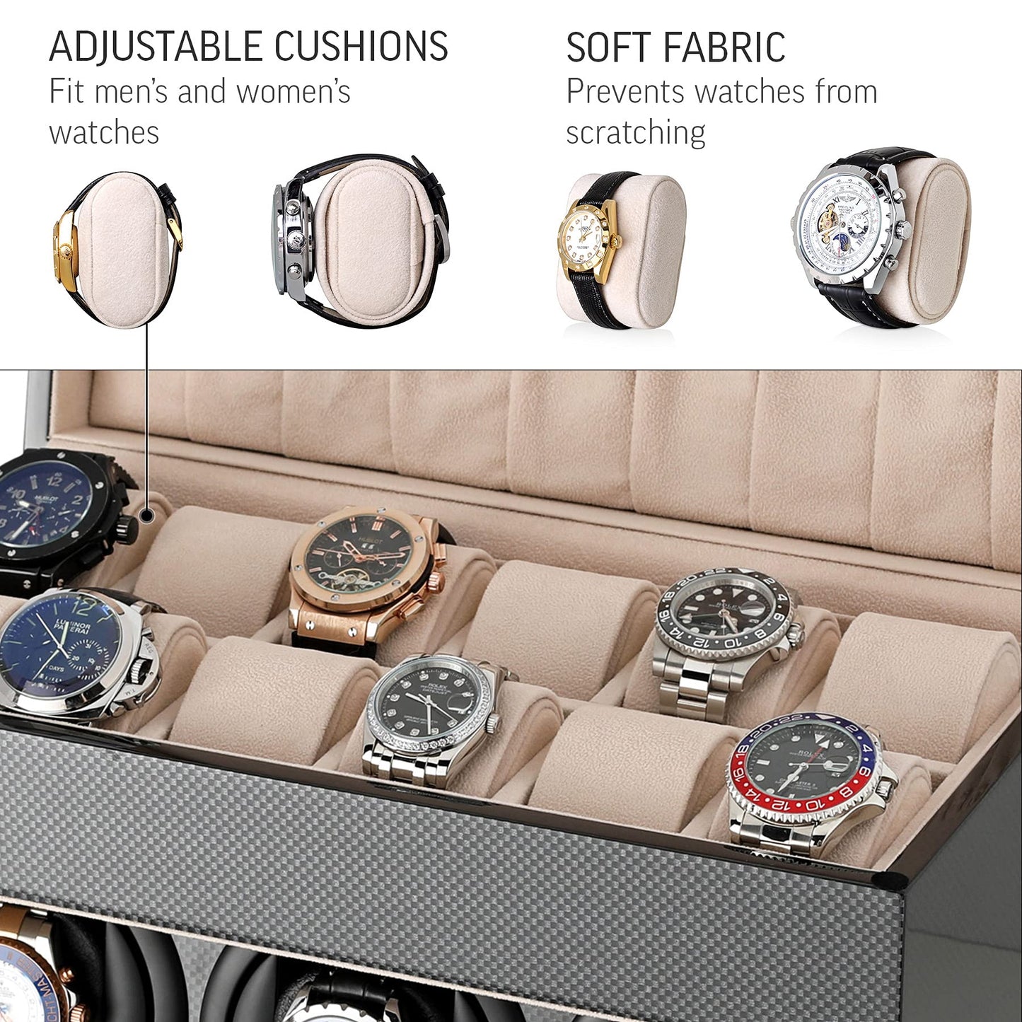 Watch Winder and Storage box for winding 3 Automatic Watches and 12 Watch Storage Space (Carbon + Beige)