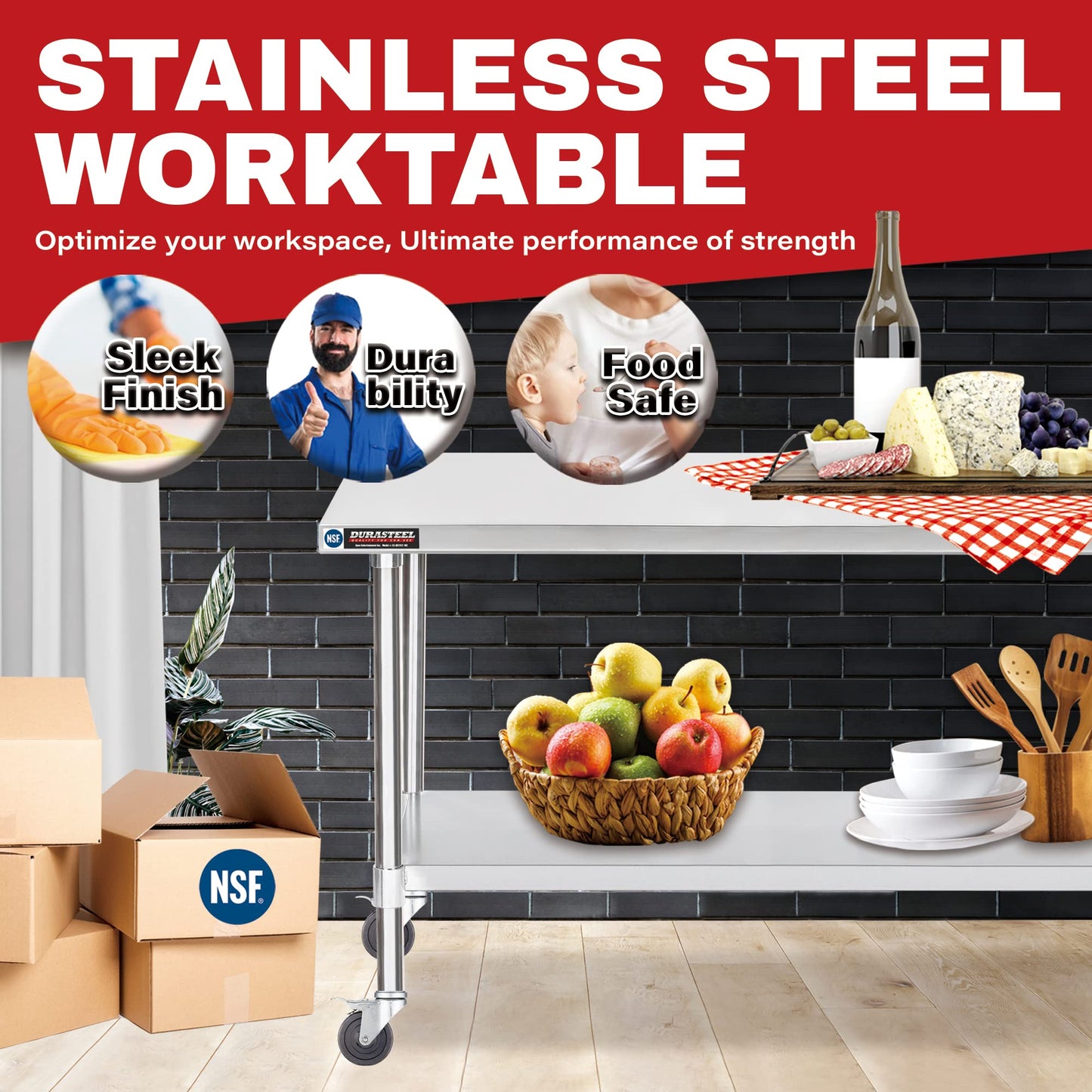 DuraSteel 30x48 NSF Stainless Steel Cart - Heavy Duty Food Prep Table with Undershelf - Rolling Kitchen Island on Wheels for Commercial Restaurant Kitchen, Garage, Outdoor Cooking, BBQ Grill, Counter