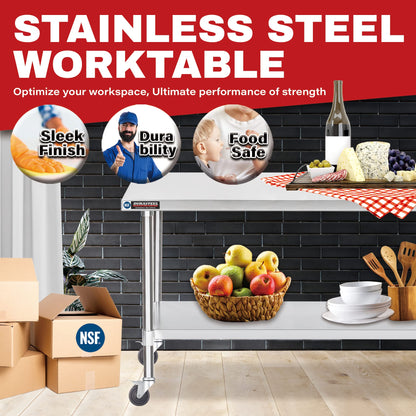 DuraSteel 30x48 NSF Stainless Steel Cart - Heavy Duty Food Prep Table with Undershelf - Rolling Kitchen Island on Wheels for Commercial Restaurant Kitchen, Garage, Outdoor Cooking, BBQ Grill, Counter