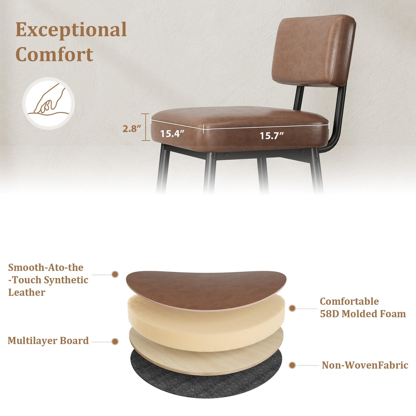 GarveeHome Bar Stools Set of 4, 26" Brown Faux Leather Counter Height Bar Stools with Backs, Modern Upholstered Barstool Chairs with Metal Legs for Kitchen Island, Home Bar, Dining Room