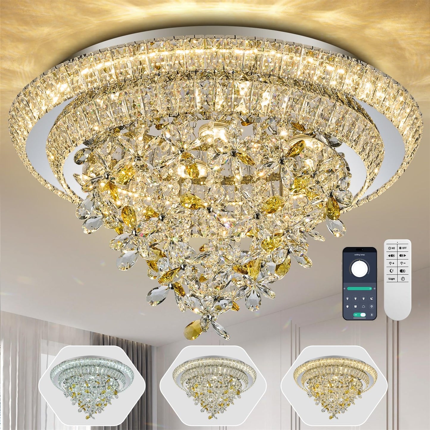 24 inch Sliver LED Crystal Ceiling Light, Flush Mount Chandeliers with Remote and APP Control, 3CCT Dimmable, Modern Elegant Raindrop Chandelier Light Fixture for Bedroom Dining Room Living Room Foyer