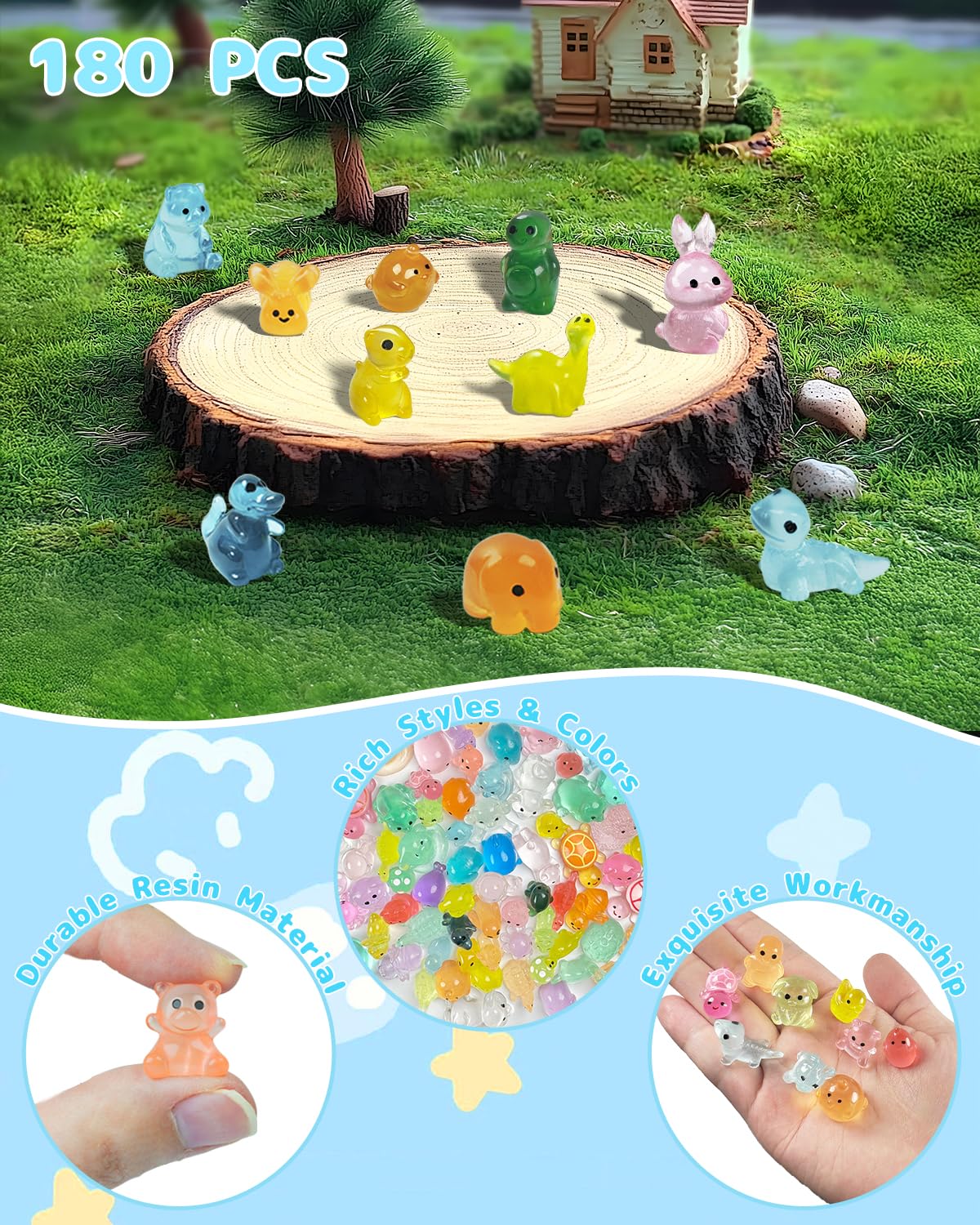 Piemow 180 Pcs Mini Resin Animals Kit - Luminous Tiny Resin Animals Figurines Accessories Gifts for Aquarium Fairy Garden Bonsai Decor