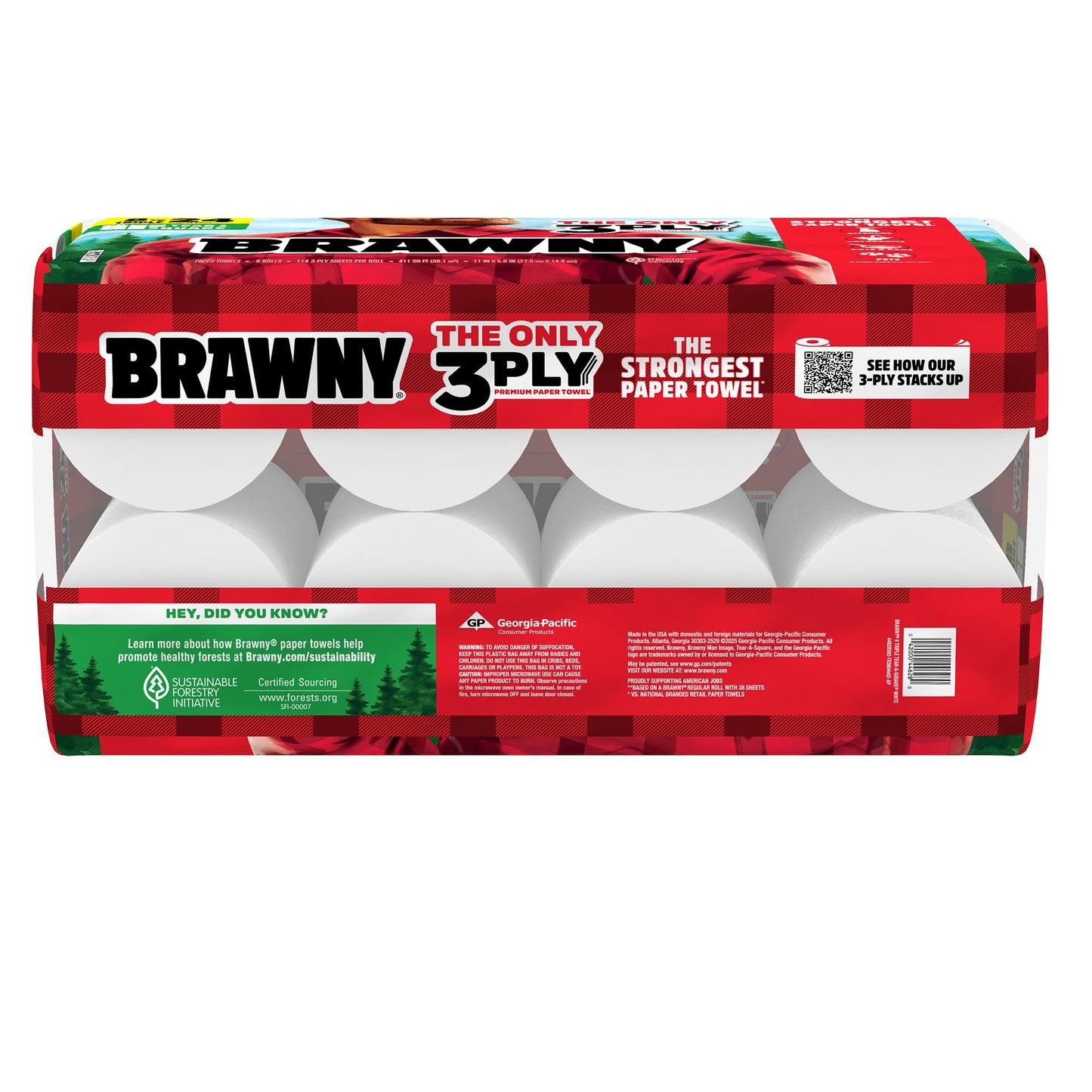 Brawny Tear-A-Square 3-Ply Paper Towels, 8 Triple Rolls = 24 Regular Rolls, Strong, Absorbent, and Durable with 3 Sheet Sizes (Quarter, Half, Full)
