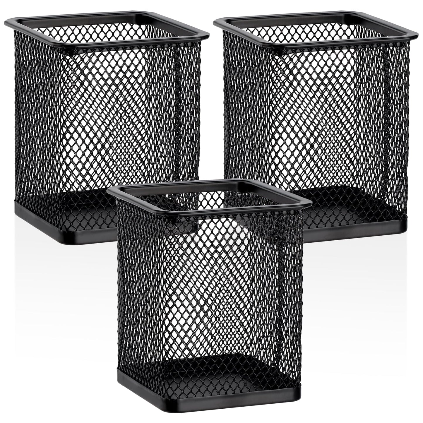 Segarty Square Pen Holder, 3 Pack Black Pen Holder for Desk, Metal Mesh Pencil Cup Container Desktop Accessories Organizer for Office, School, Home, Makeup Brush