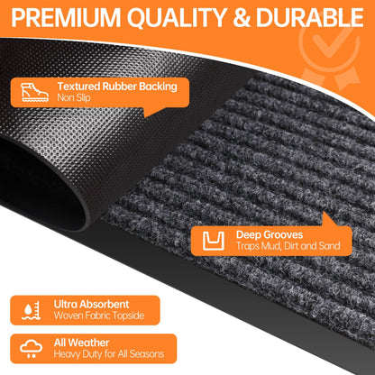 HOMEK Front Door Mat, 10' x 3' Commercial Floor Mat, Heavy Duty Welcome Mat, Rubber Backing Non Slip Doormat for Entryway, Grey