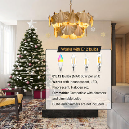 TOCHIC Gold Vintage Chandelier, 8 Lights Rustic Chandeliers for Dining Room, Modern Farmhouse Chandelier with Ginkgo Leaves, Ceiling Light Fixture for Living Room Bedroom Entryway W-25.98"