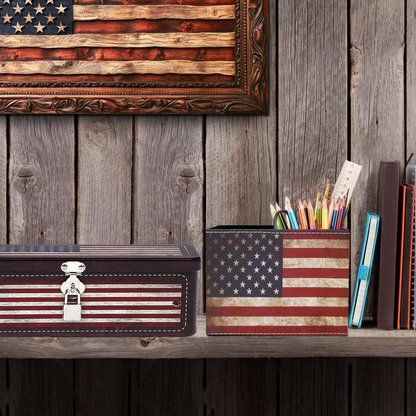 DreamsEden Decorative Storage Box & Pen Holder, Desktop Pen Pencil Cup Organizer Tin Box with Padlock Keepsake Container Office Home Patriotic Decor (American Flag)