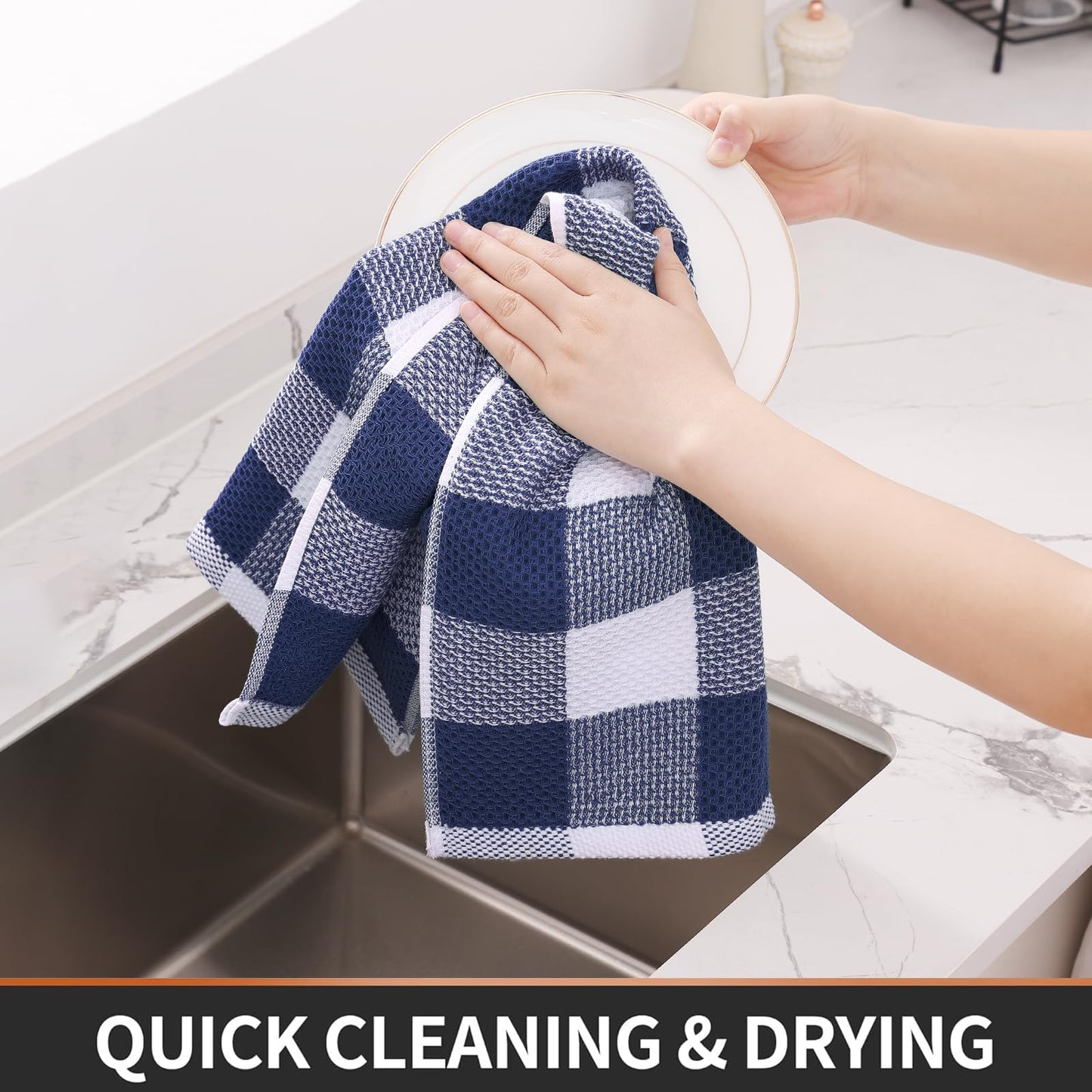 Homaxy Kitchen Towels and Dishcloths Set, 12 x 12 and 13 x 28 Inches, Set of 8 100% Cotton Waffle Weave Check Plaid Kitchen Dish Towels, Super Soft and Absorbent Dish Cloths, White & Navy Blue