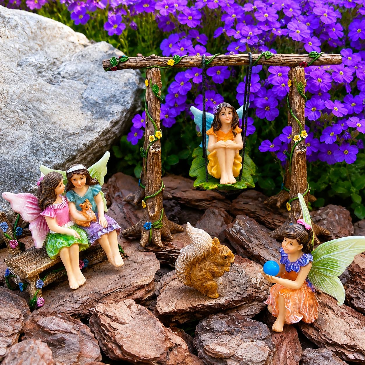 Mood Lab Fairy Garden Figurines with Swing - Miniature Accessories Set (6 pcs) - Outdoor Indoor Garden Decor