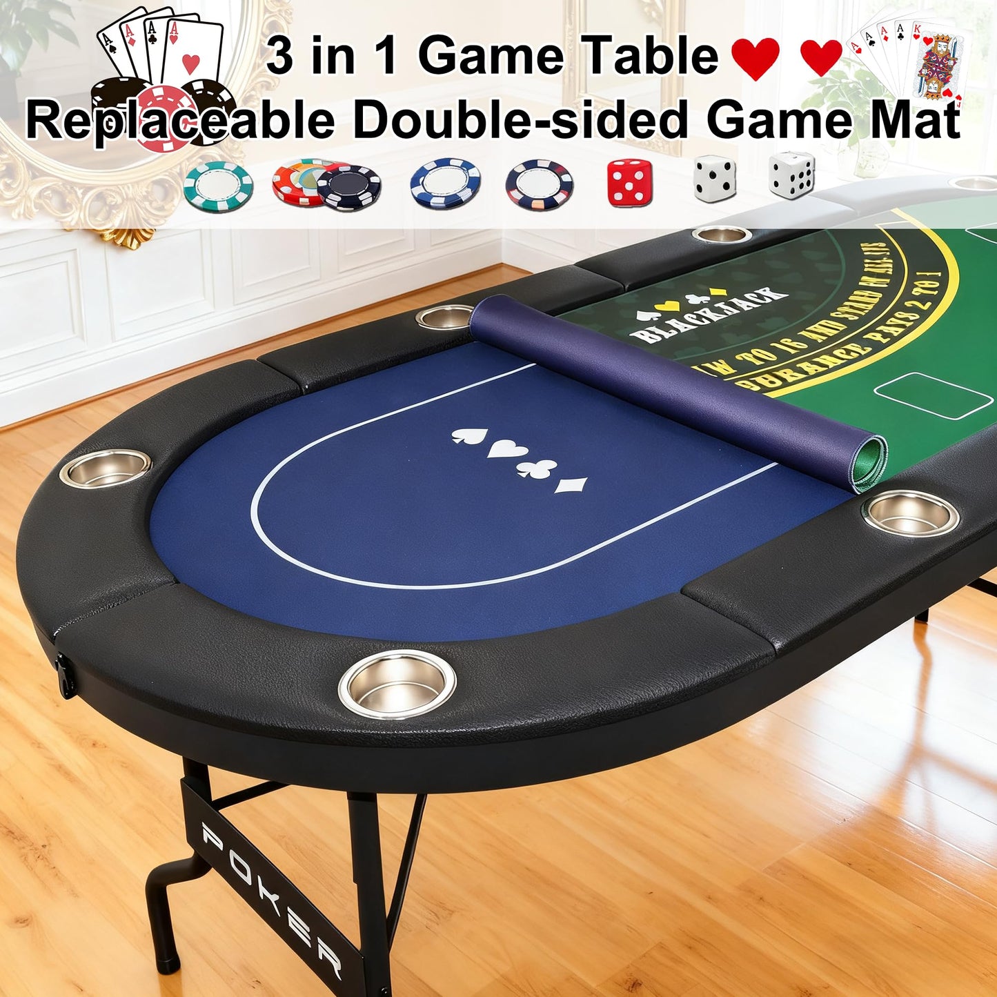 LXJIN 3 in 1 Foldable Poker Table with Reversible Game Mat, 8 Players Game Table with 8 Cup Holders, Suitable for Texas Holdem&Blackjack and Most of Poker Game.