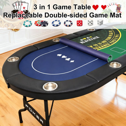 LXJIN 3 in 1 Foldable Poker Table with Reversible Game Mat, 8 Players Game Table with 8 Cup Holders, Suitable for Texas Holdem&Blackjack and Most of Poker Game.