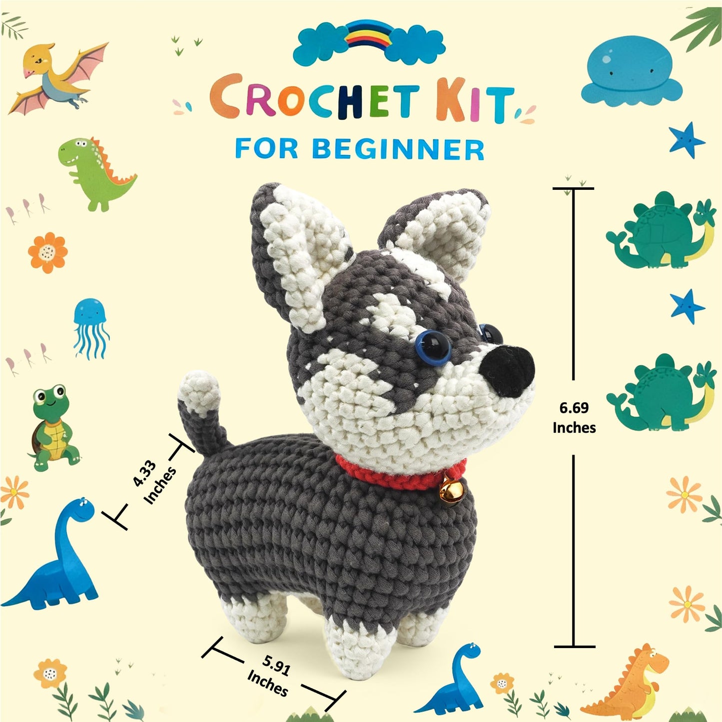 ABOUT RIGHT Crochet Kit Dog for Beginners, 7x6 Inches Husky Amigurumi Kit with Step-by-Step Video Tutorials, All-in-one DIY Animal Crochet Project for All Ages