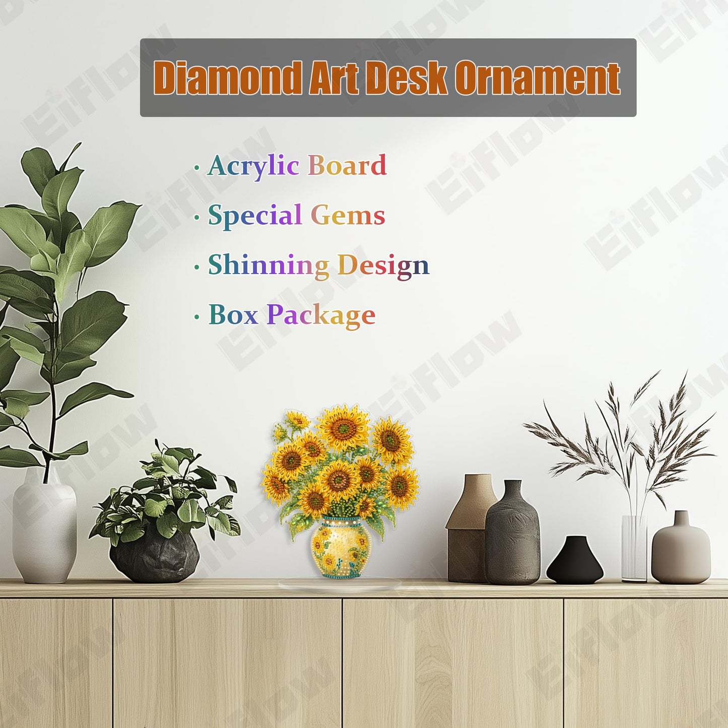 Eiflow Desktop Diamond Art Kit for Adults Vase Sunflower, DIY Tabletop Diamond Art Painting with Stand, Acrylic Stand Up Gem Painting Board Kit