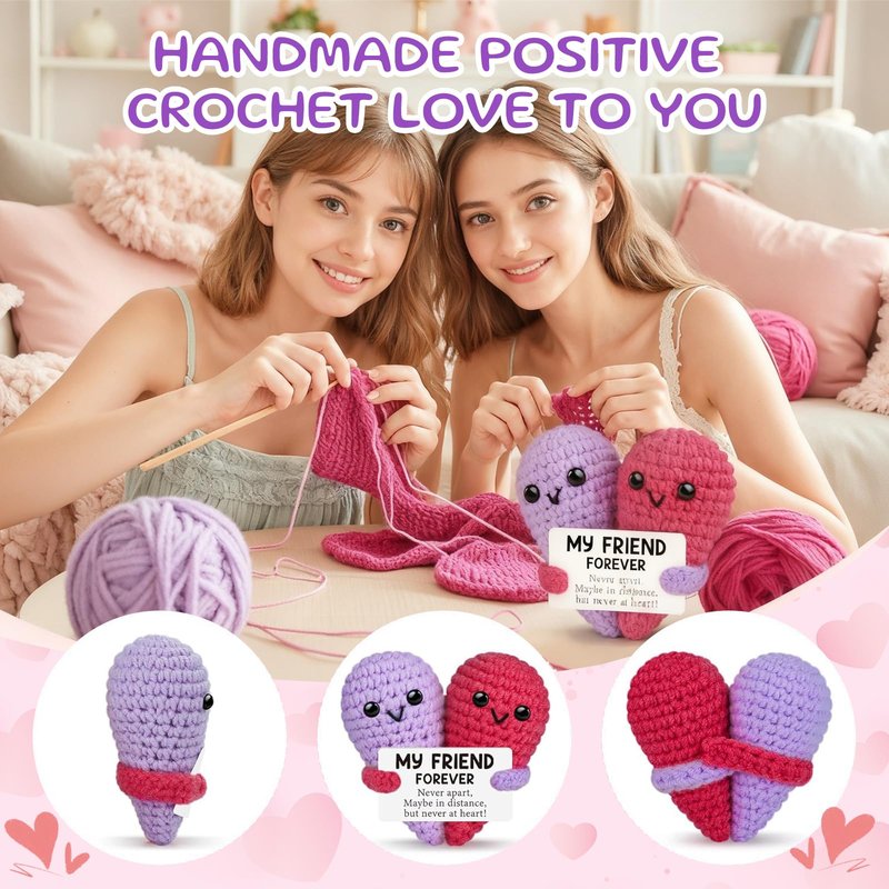 LemonRoad 4 Pack Valentines Galentines Day Friendship Gifts for Women 16 oz Glass Cup with Lid, Straw Brush, Heart Crochet and Keychain with Organza Bag Birthday Gift for Soul BFF Sister Bestie