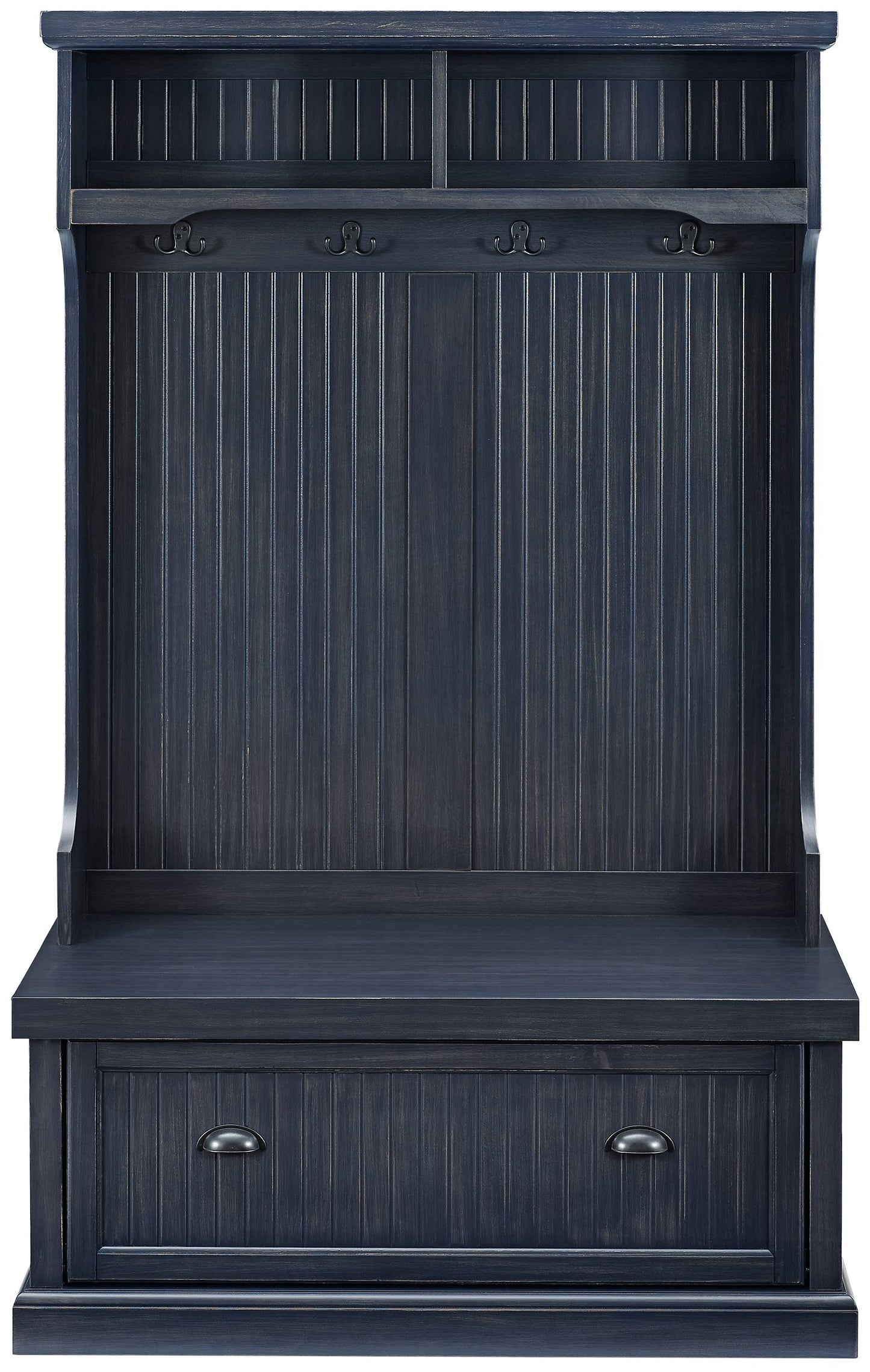Crosley Furniture Seaside Hall Tree with Shoe Rack Bench and Coat Hooks for Hanging Storage, Distressed Navy