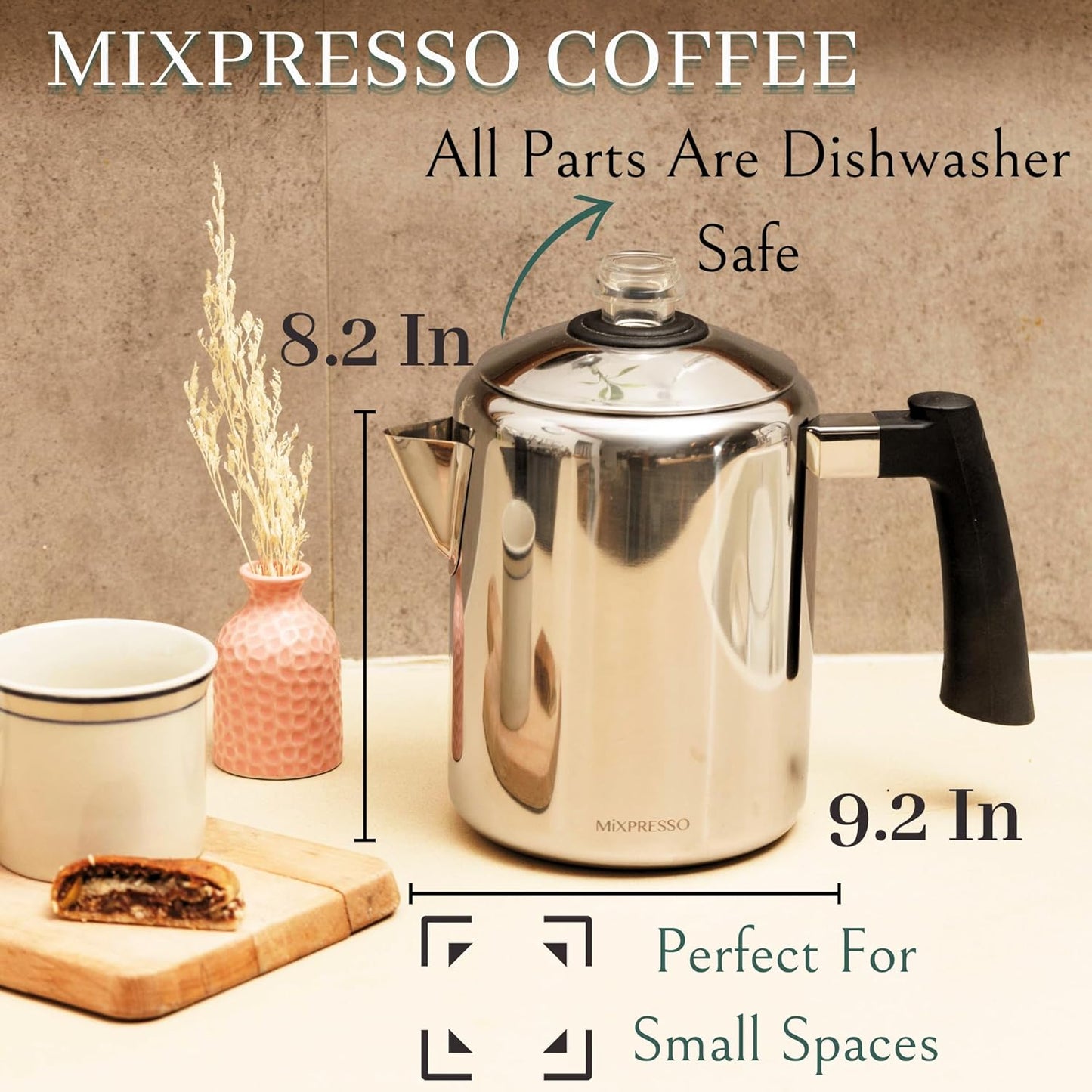 Mixpresso Stainless Steel Coffee Percolator, Stovetop Coffee Pot, 37oz, Excellent for Camping Coffee