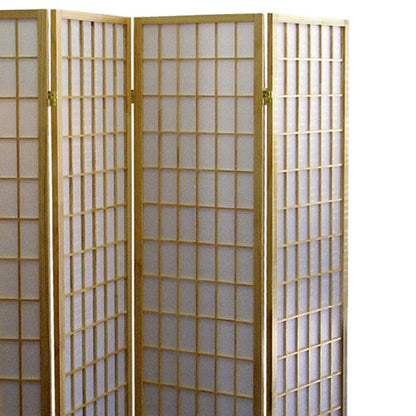 70" Tall 4 Panel Screen, Room Divider, Japanese Style with Natural Wood