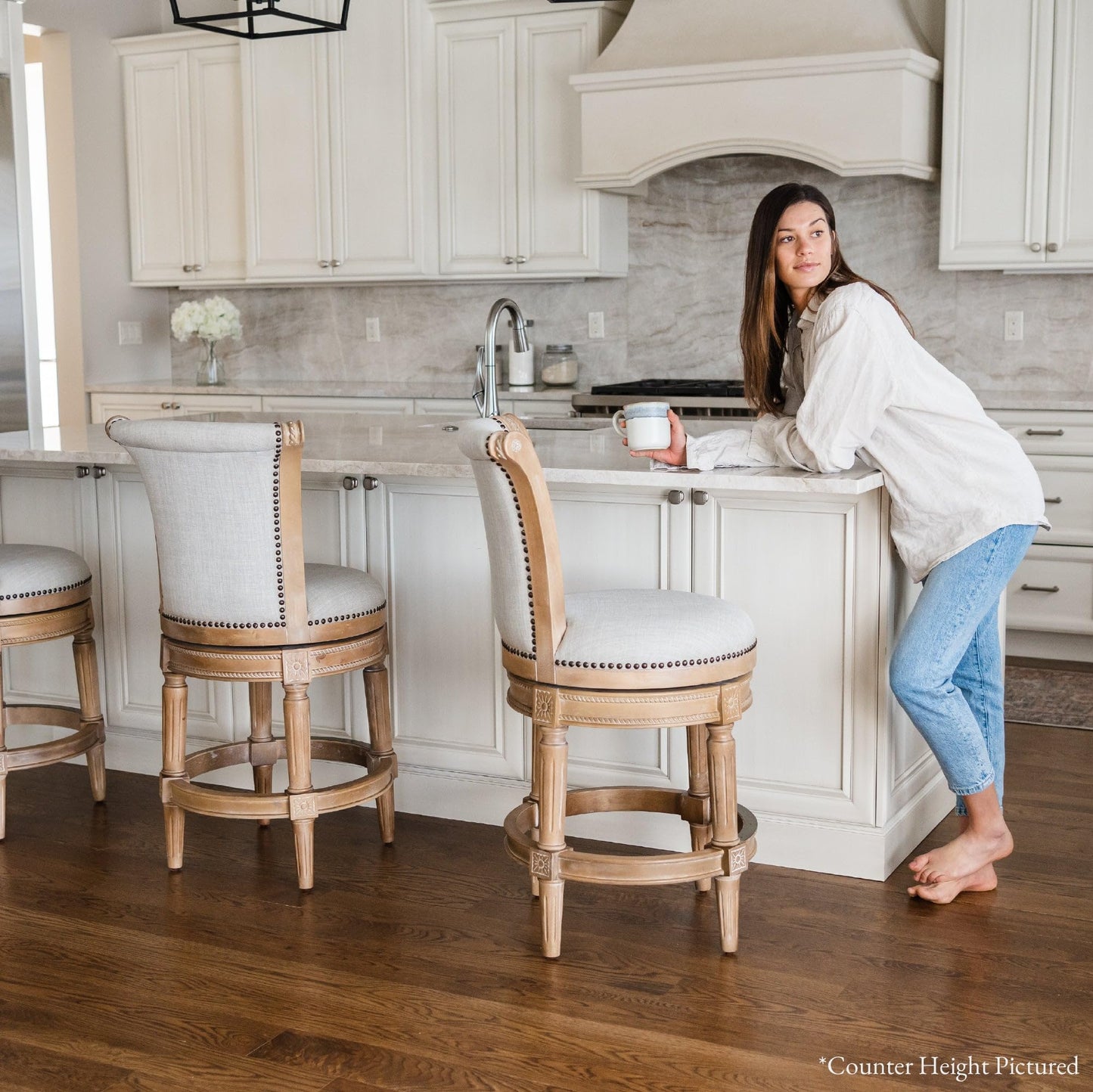 Maven Lane Pullman Bar Stool 31 Inches – Set of 2 – Swivel Stools with Footrest – Light Brown Solid Wood Frame & Natural Fabric Upholstery – Perfect for Bars, Pub Tables & Tall Kitchen Counters