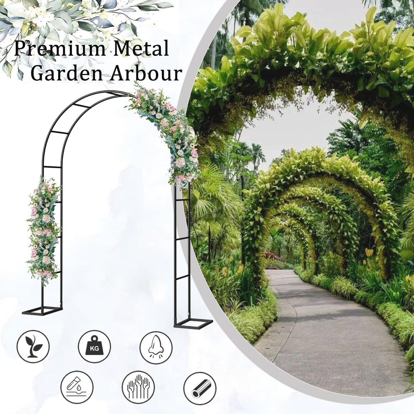 Metal Garden Arch Pergola for Climbing Plants and Wedding Events 11.5ft Tall Rose Arbor and Bridal Backdrop Stand