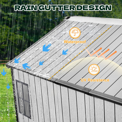 DNYKER 8 x 6 FT Plastic Outdoor Storage Shed, All-Weather Resin Garden Shed with Floor, Lockable Doors & Windows, Plastic Tool Shed for Patio，Poolside, Backyard