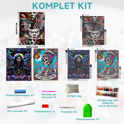 WEMEON 3 Pack Halloween Diamond Painting Kits for Adults Beginners- 3 Pack Skeleton Diamond Art Kits for Adults, DIY 5D Gem Art Kits for Gift Home Wall Decor Gifts(12x16inch)