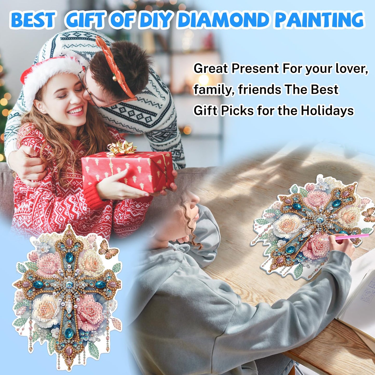 Bowetile Hanging Diamond Art Cross Kits for Adults, 5D Special Shape Diamond Painting Flower Kits, Cross Diamond Gem Art Suncatchers Painting Pendant Ornament for Home Garden Wall Decor