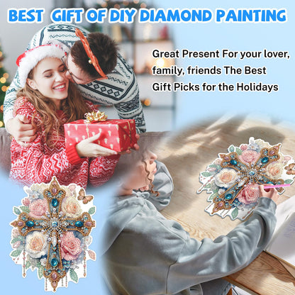 Bowetile Hanging Diamond Art Cross Kits for Adults, 5D Special Shape Diamond Painting Flower Kits, Cross Diamond Gem Art Suncatchers Painting Pendant Ornament for Home Garden Wall Decor
