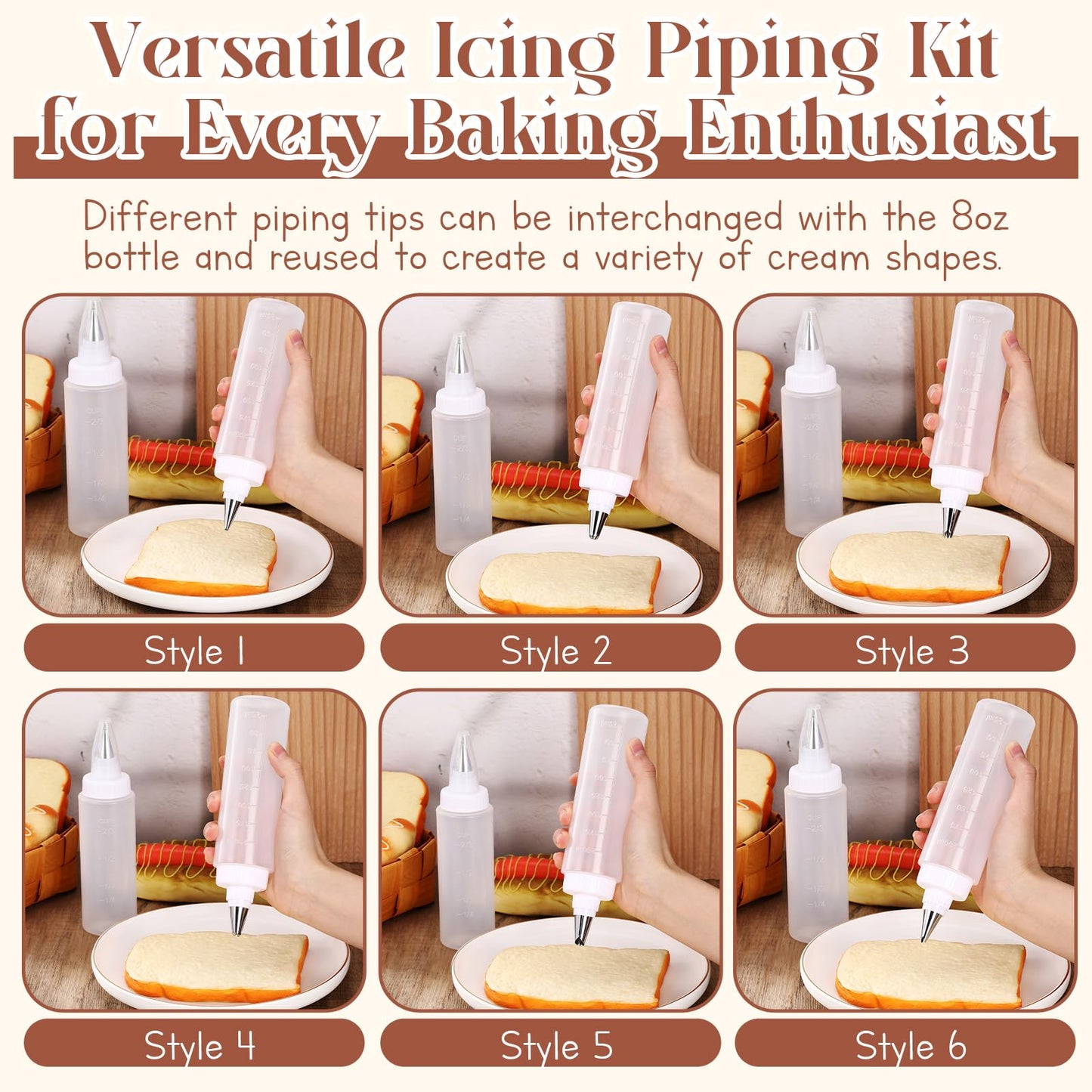 LemonRoad 4 Pcs Piping Bottles for Icing Cookie Decorating Supplies Plastic Squeeze Bottles with 6 Different Piping Tips for Cookie Icing Kit Pancake Squeezing Applicator Writer(8 Oz，4 oz)
