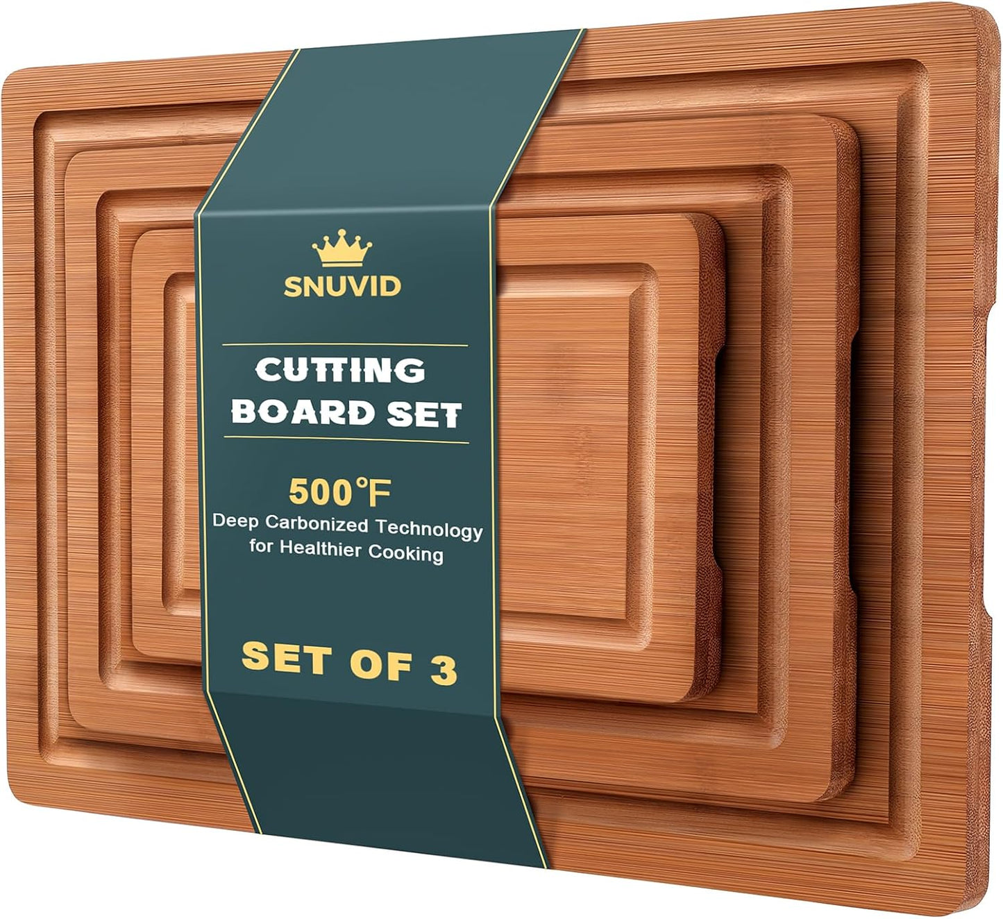 Snuvid Set 3, Bamboo Cutting Board of Wood Cutting Boards for Kitchen with Juice Grooves, Durable Chopping Board