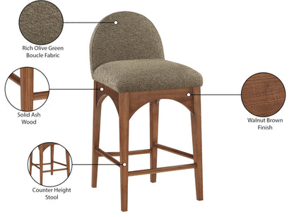 Meridian Furniture 399Olive-C Waldorf Collection Art Deco Stool with Rich Olive Green Boucle Fabric, Solid Ash Wood, Walnut Brown Finish, Counter Height Stool, 18" W x 20" D x 37" H, Olive