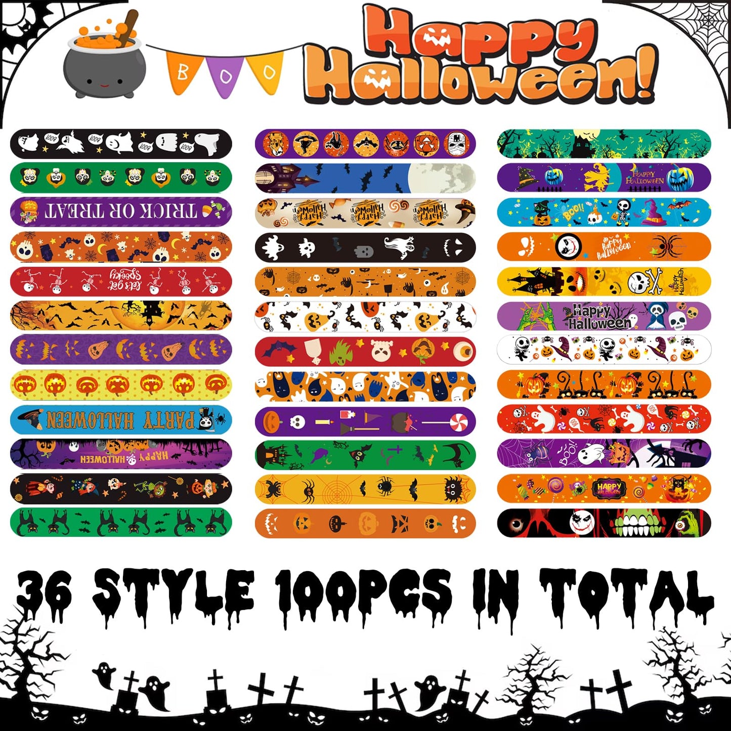 SUNPROUND 100Pcs Halloween Slap Bracelets, Halloween Party Favors Treat Toys for Kids Girls Boys, Slap Bracelets Bulk for Halloween Party Supplies, Halloween Treat Goodie Bags Gifts