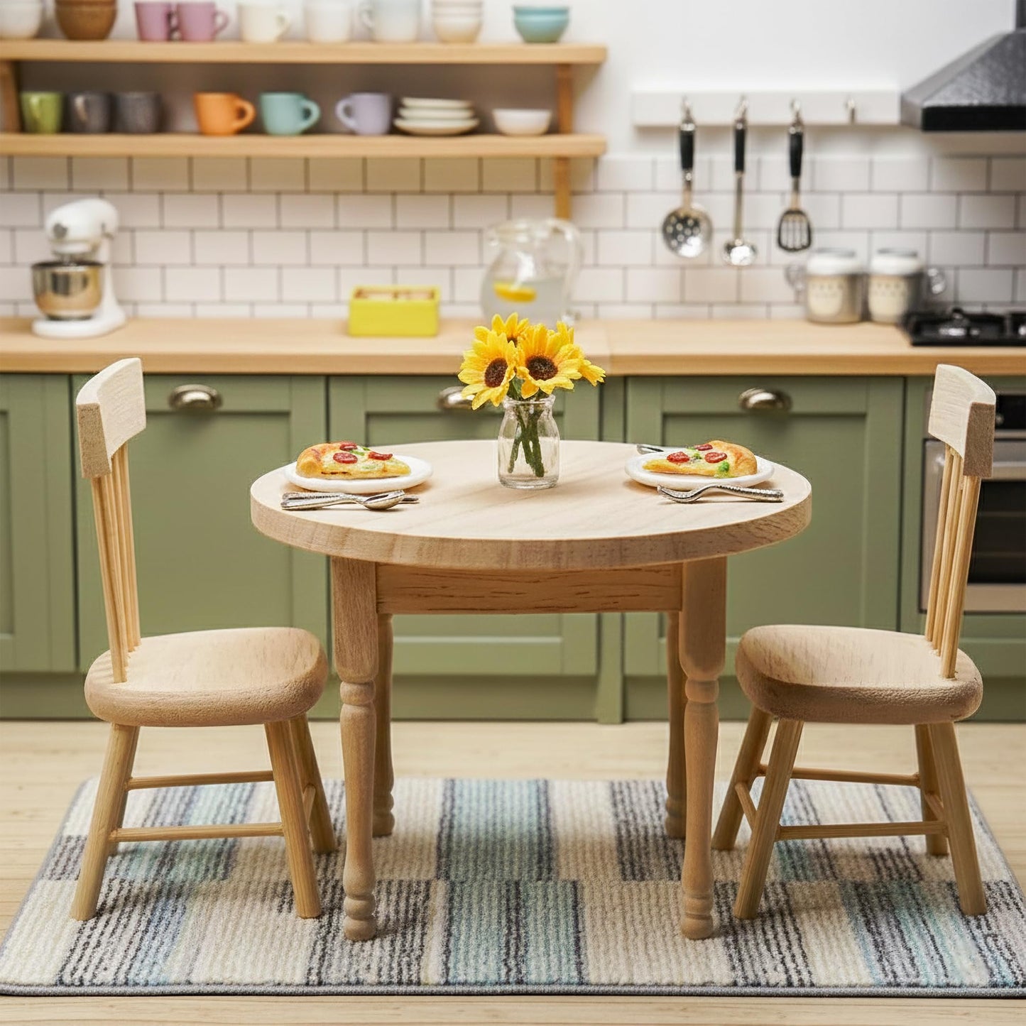 1/12 Miniature Dollhouse Round Table and 2 Chairs Dining Set, Mini Wooden Unpainted Burlywood Barbie Kitchen Furniture Accessories