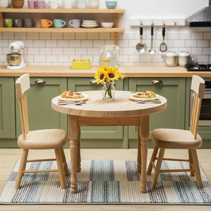 1/12 Miniature Dollhouse Round Table and 2 Chairs Dining Set, Mini Wooden Unpainted Burlywood Barbie Kitchen Furniture Accessories