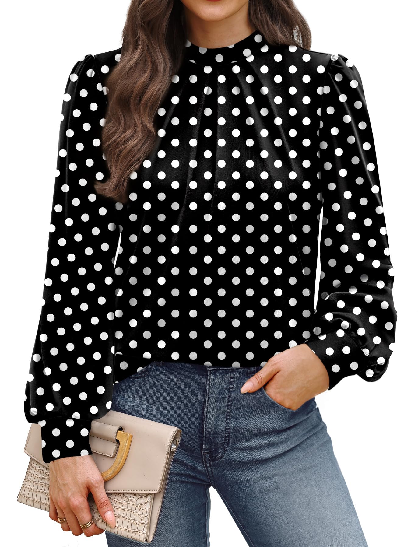 WIHOLL Long Sleeve Shirts for Women Mock Neck Tops Pleated Front Blouses Dressy Casual Fall Clothes 2025 Fashion